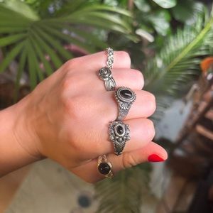 5 Slightly Used Set of Punk Rock Rings. Silver with black charms jewelry bundle